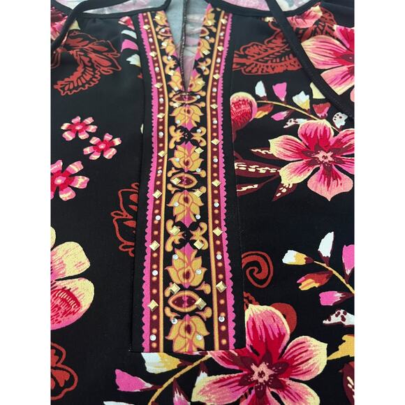 JM COLLECTION LONG BELL SLV PULL-OVER TUNIC BLOUSE, WOMENS-XL-BLACK PINK YELL OR - Picture 3 of 12